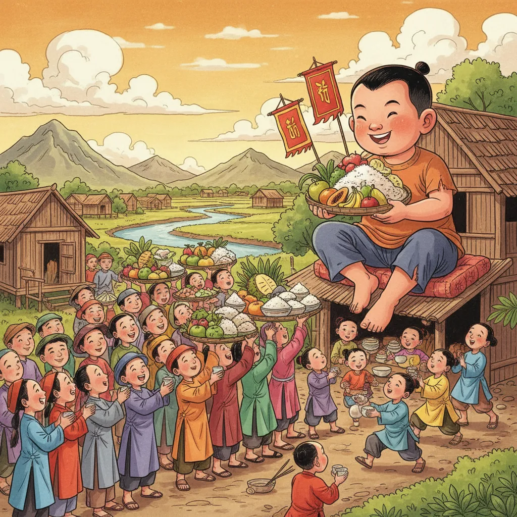 Bà con làng xóm góp gạo nuôi Gióng